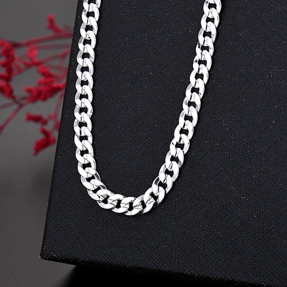 Awesome 24 Inches x 7mm Wide Stamped.925 Sterling Silver Flat Cuban Necklace - Picture 3 of 4